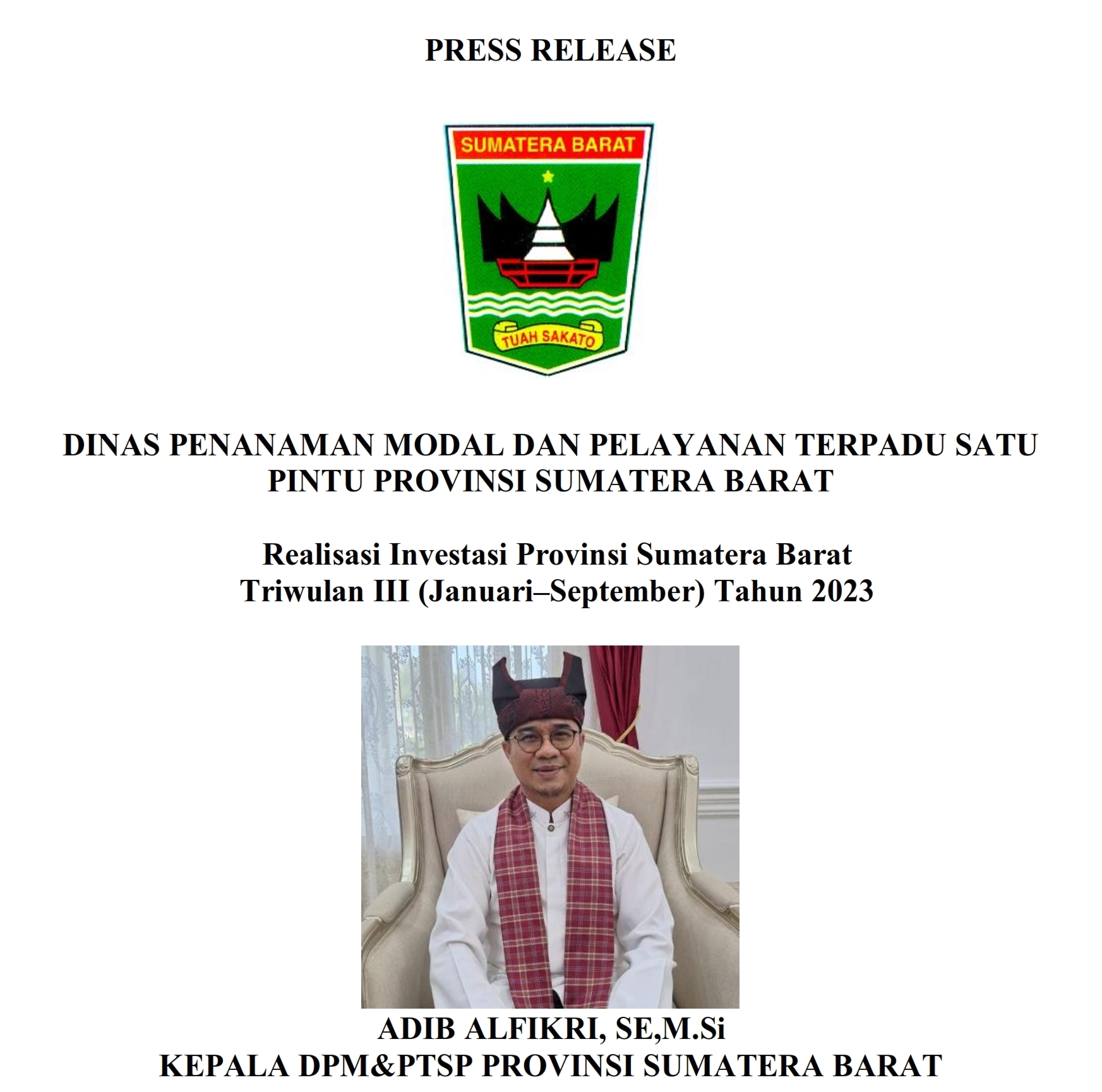 Press Release Realisasi Investasi Provinsi Sumatera Barat  Triwulan III Tahun 2023